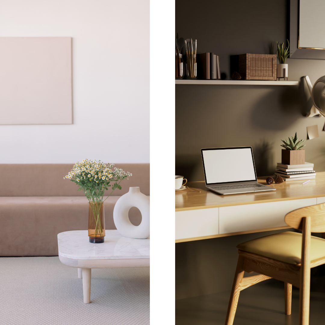 Living room interior with working space and laptop